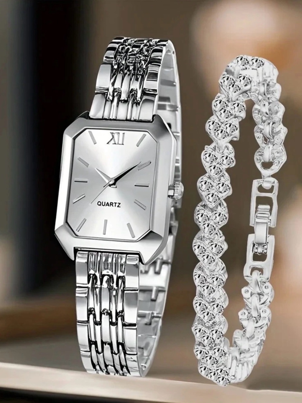 Women's Silver Quartz Bracelet Watch and Crystal Bracelet Set